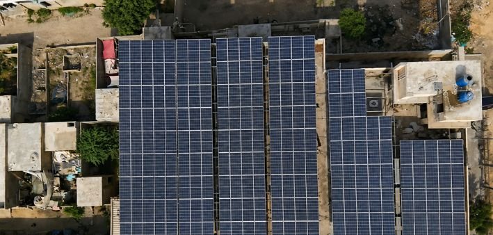 Aerial view of a large TrueSol rooftop solar installation in Karachi